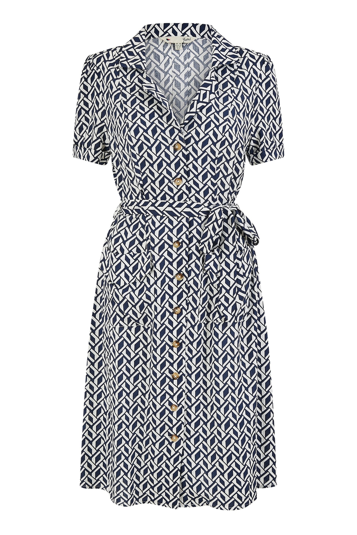 Yumi Navy Geo Print Retro Style Shirt Dress
