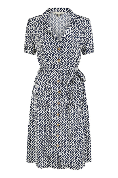 Yumi Navy Geo Print Retro Style Shirt Dress