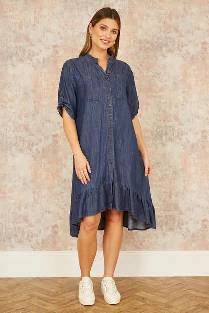 Yumi Blue Chambray Denim Dip Hem Relaxed Fit Shirt Dress