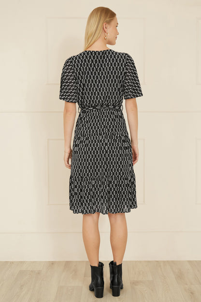 Yumi Black Geo Print Mesh Stretch Midi Skater Dress