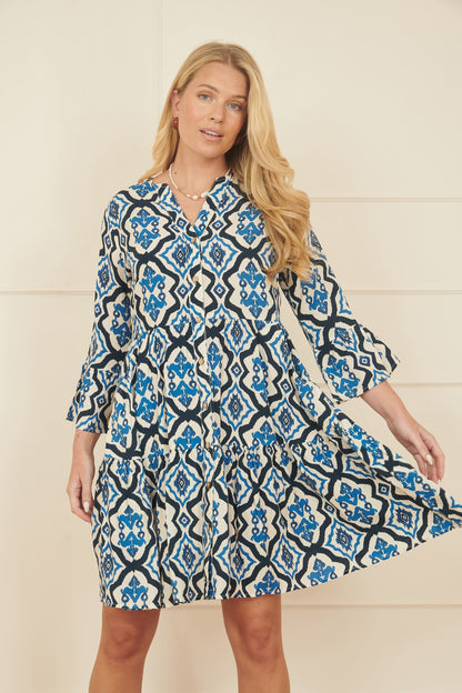 Yumi Viscose Blue Ikat Print 3/4 Sleeve Tunic Dress