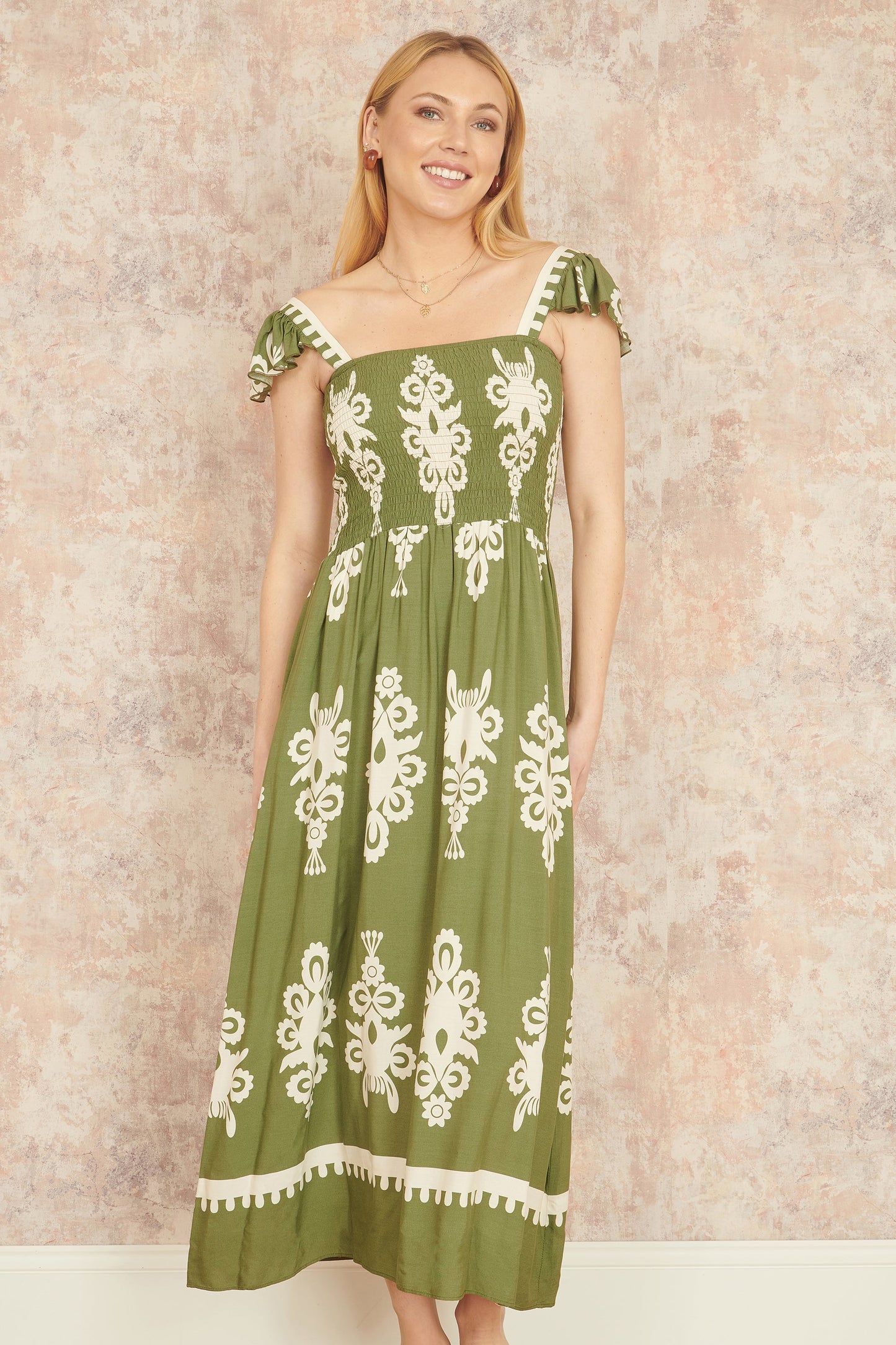 Yumi Green Block Print Ruched Maxi Dress