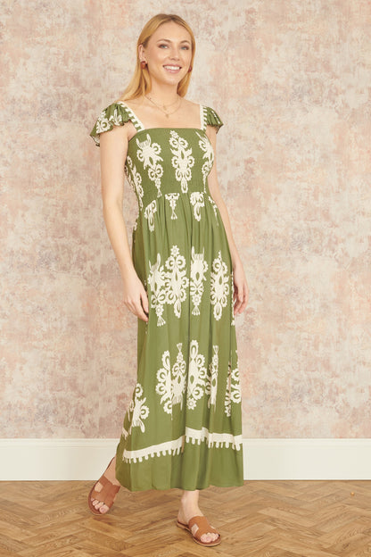 Yumi Green Block Print Ruched Maxi Dress