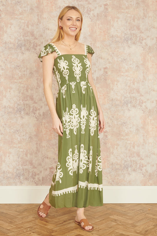 Yumi Green Block Print Ruched Maxi Dress
