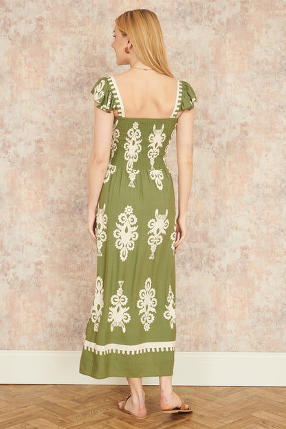 Yumi Green Block Print Ruched Maxi Dress