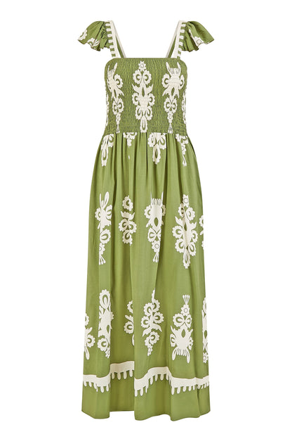Yumi Green Block Print Ruched Maxi Dress