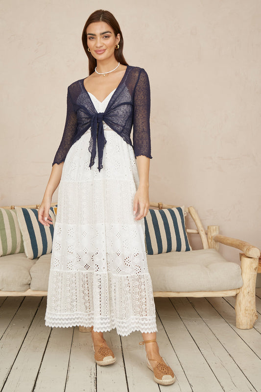 Yumi Navy Popcorn Yarn Tie Front Bolero