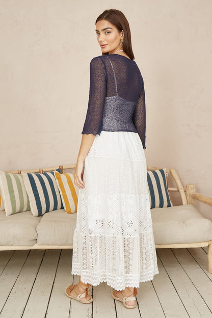 Yumi Navy Popcorn Yarn Tie Front Bolero