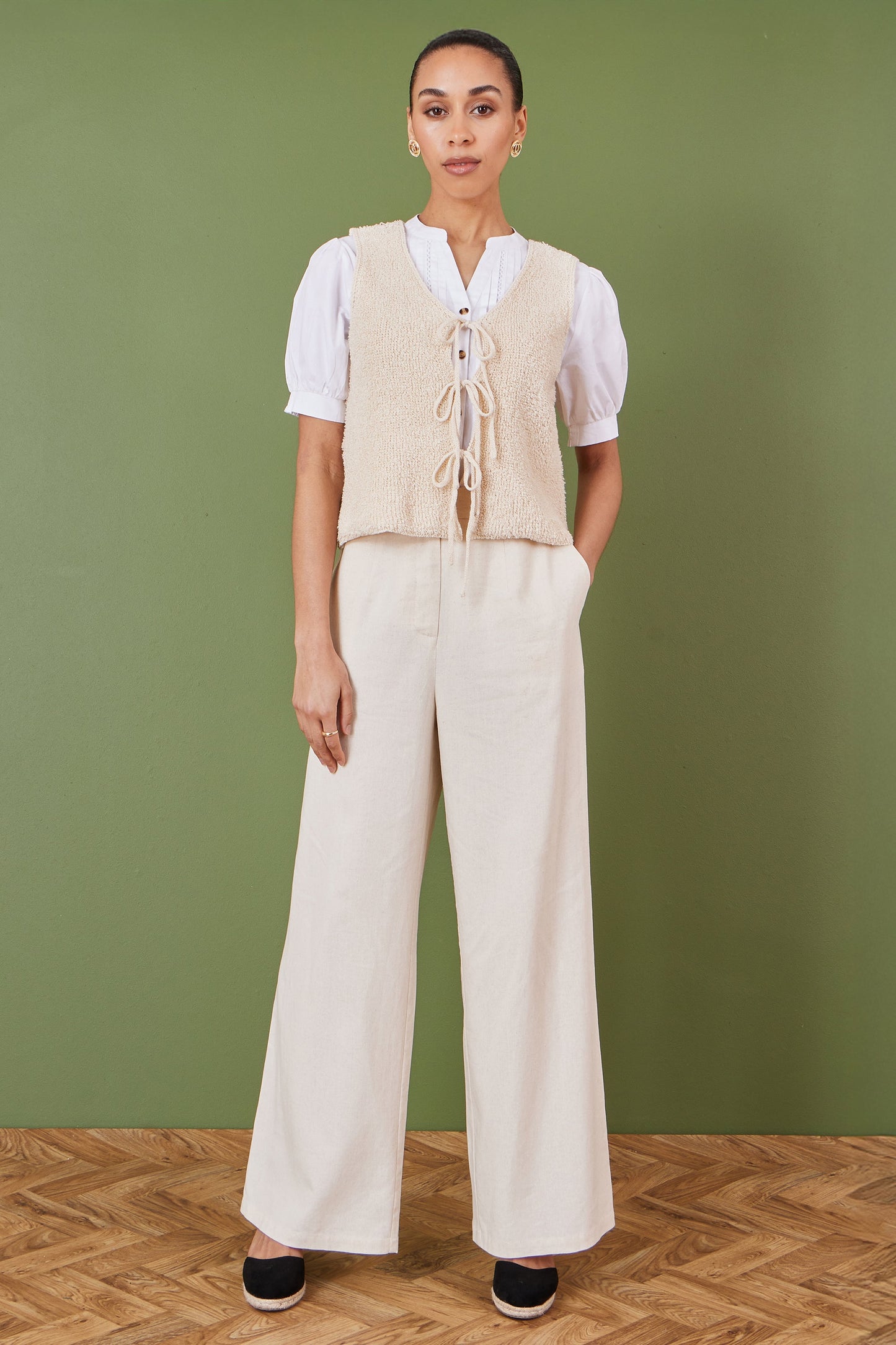 Yumi Beige Knitted Tie Detail Knitted  Waistcoat