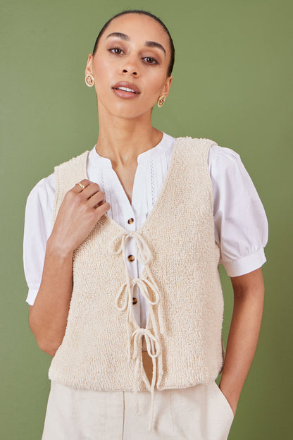 Yumi Beige Knitted Tie Detail Knitted  Waistcoat