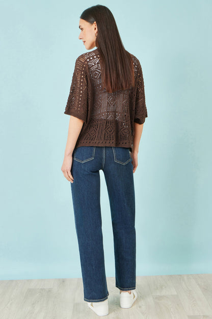 Yumi Brown Crochet Edge To Edge 3/4 Sleeve Cardigan