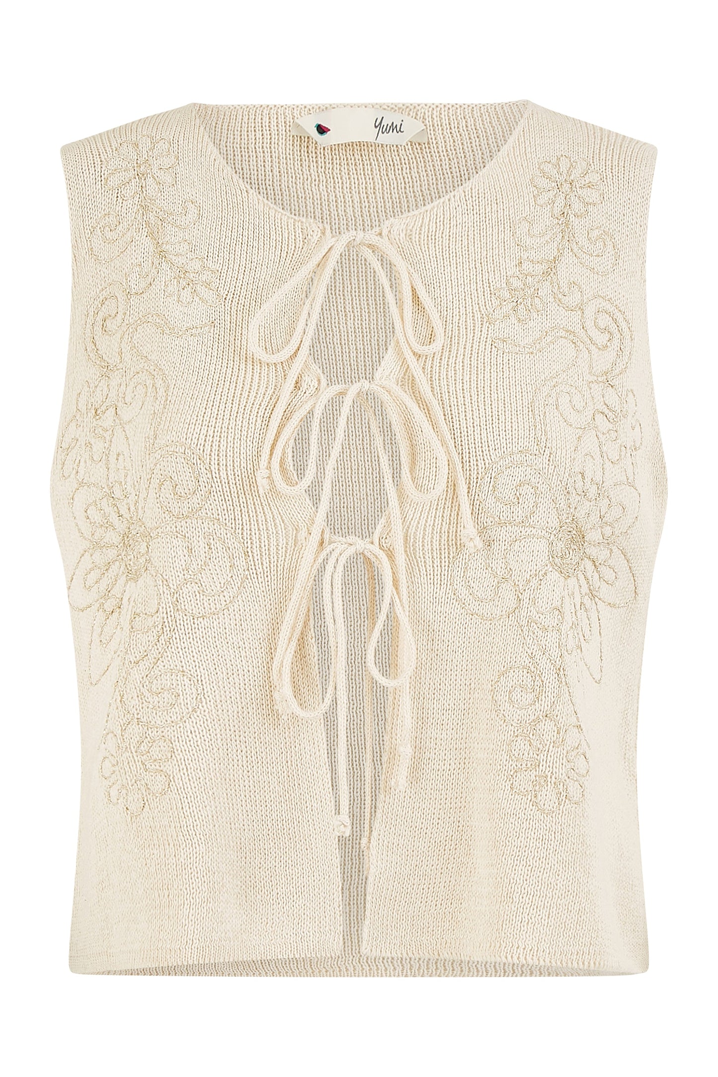 Yumi Beige Knitted Tie Front Waistcoat With Floral Details