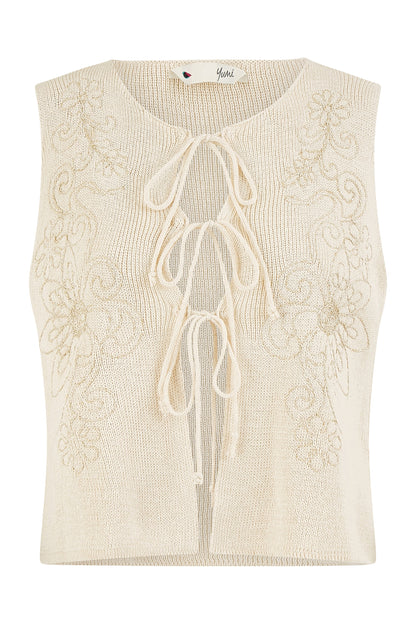 Yumi Beige Knitted Tie Front Waistcoat With Floral Details