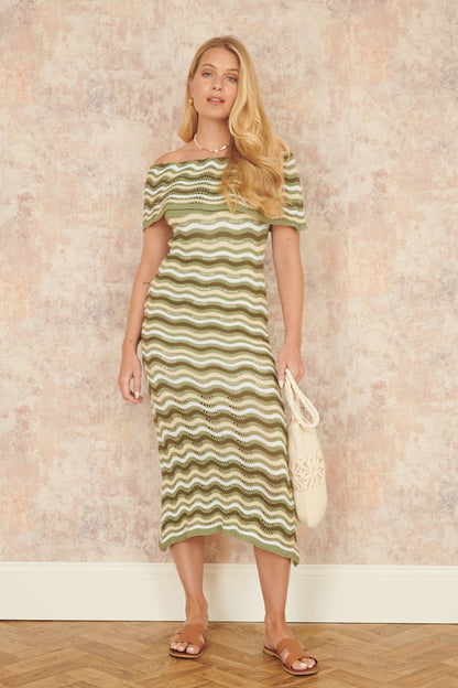 Yumi Green Stripe Crochet Knit Bardot Midi Dress