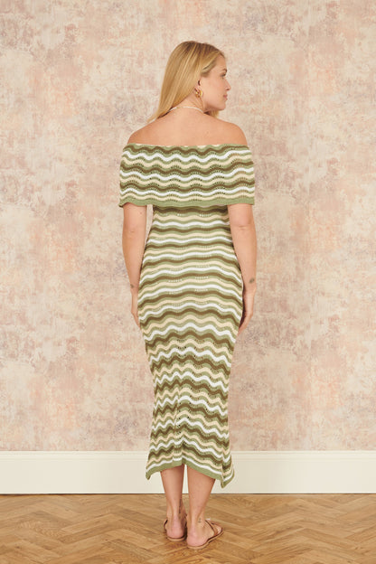 Yumi Green Stripe Crochet Knit Bardot Midi Dress