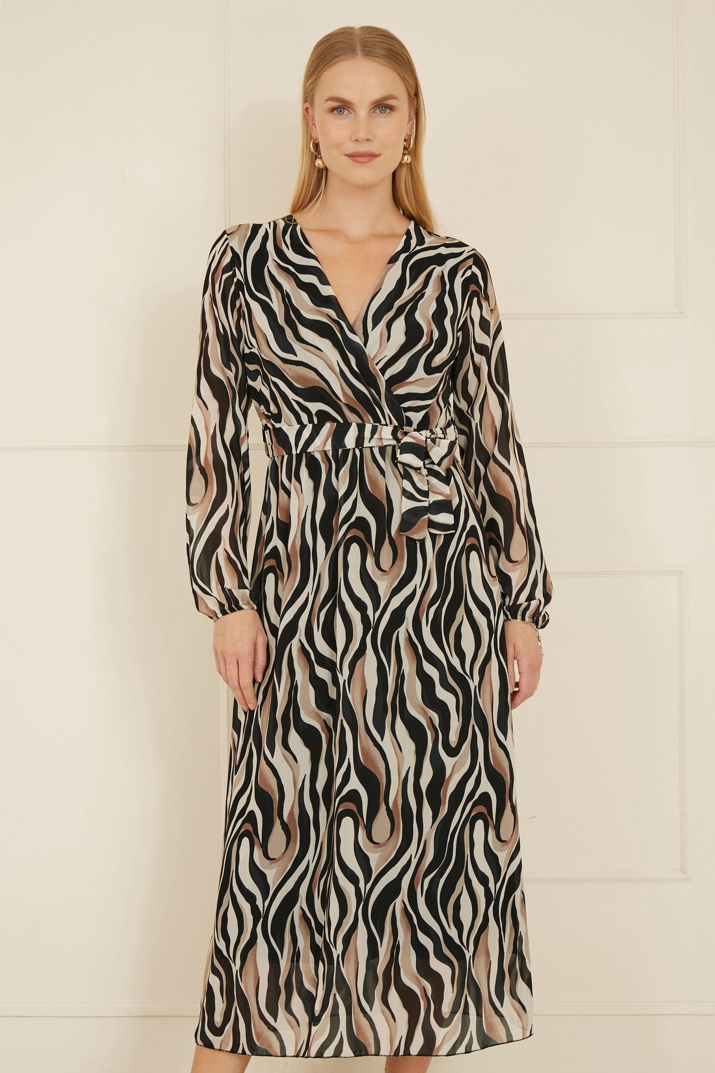 Yumi Brown Animal Swirl Midi Wrap Dress