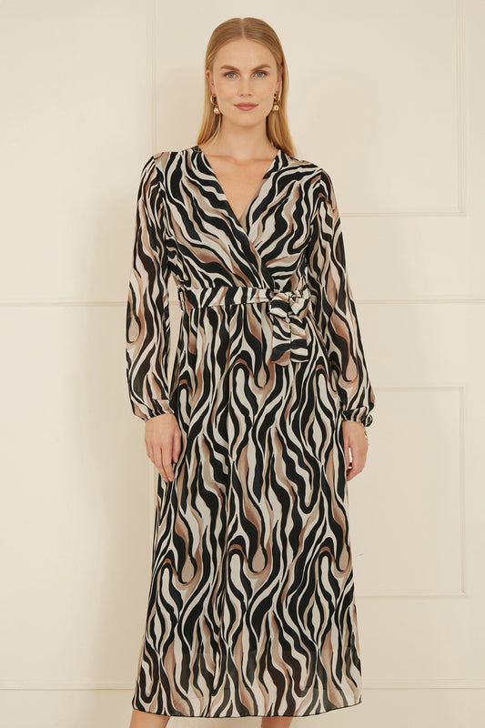 Yumi Brown Animal Swirl Midi Wrap Dress
