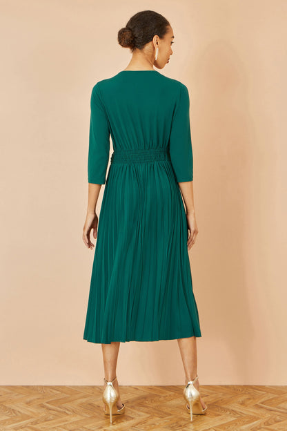Yumi Green Jersey Knot Waist Pleated Midi Dress