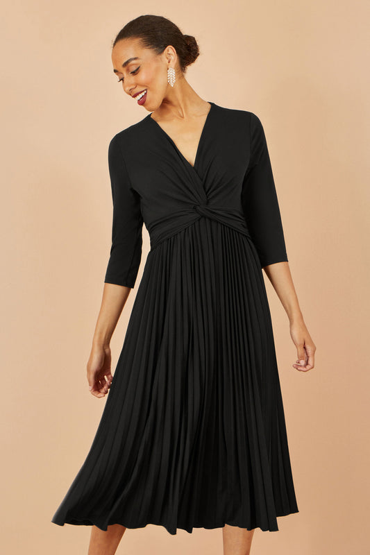Yumi Black Jersey Knot Waist Pleated Midi Dress