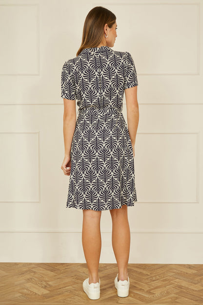 Yumi Navy Leaf Print Retro Shirt Dress