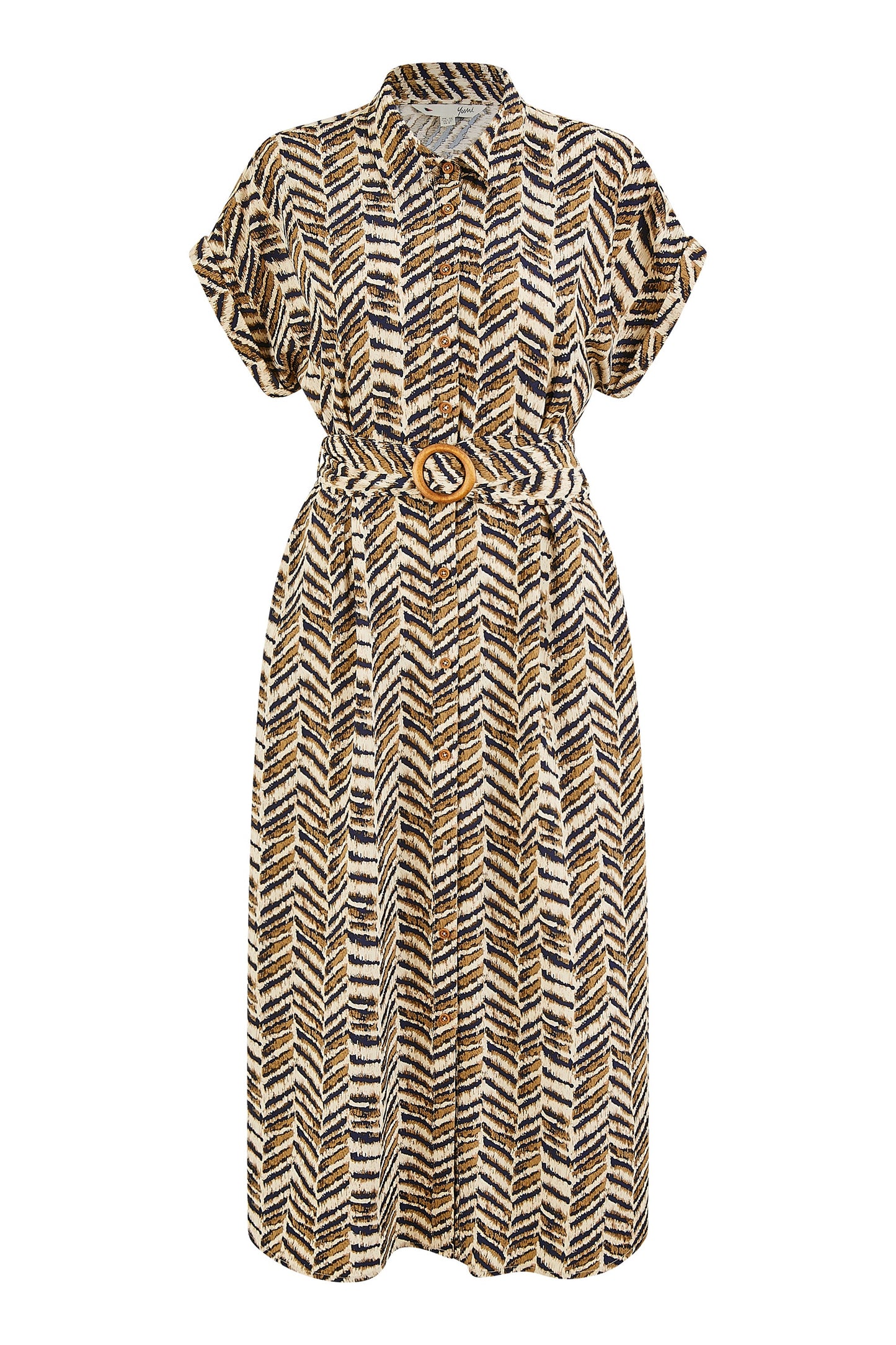 Yumi Brown Abstract Animal Print Relaxed Midi Shirt Dress With Belt