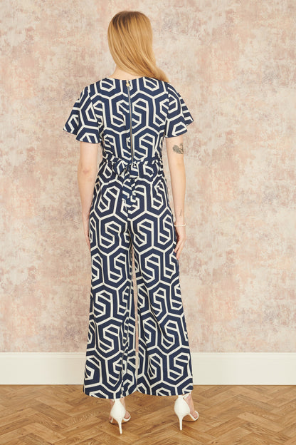 Yumi Navy Oversize Geo Print Jumpsuit
