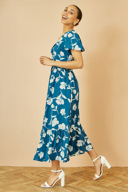 Yumi Teal Floral Button Down Floral Midi Dress