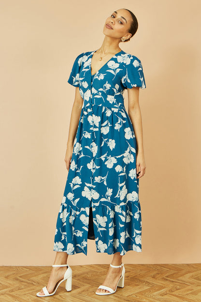 Yumi Teal Floral Button Down Floral Midi Dress