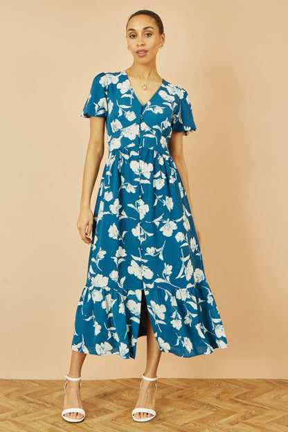 Yumi Teal Floral Button Down Floral Midi Dress