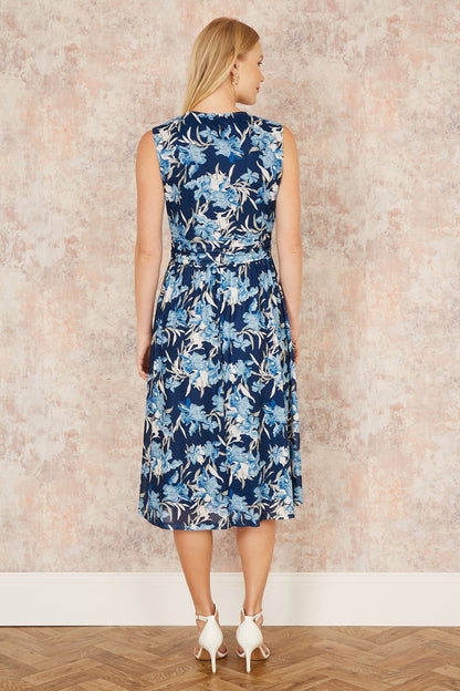 Yumi Blue Floral Mesh Wrap Skater Dress With Pockets