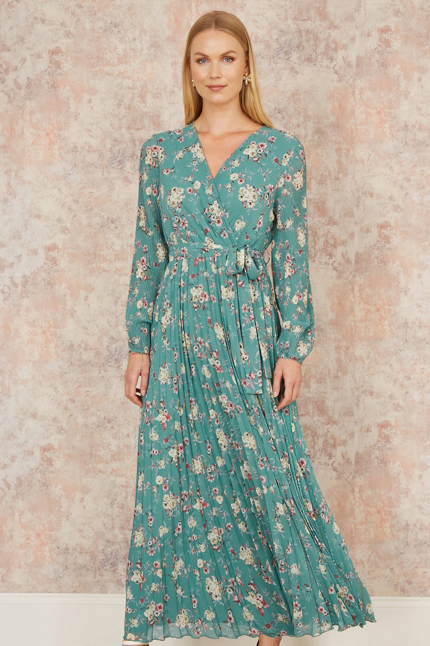 Yumi Mint Green Floral Pleated Long Sleeve Wrap Over Midi Dress