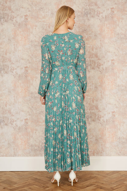 Yumi Mint Green Floral Pleated Long Sleeve Wrap Over Midi Dress