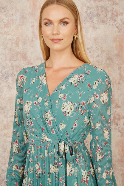 Yumi Mint Green Floral Pleated Long Sleeve Wrap Over Midi Dress