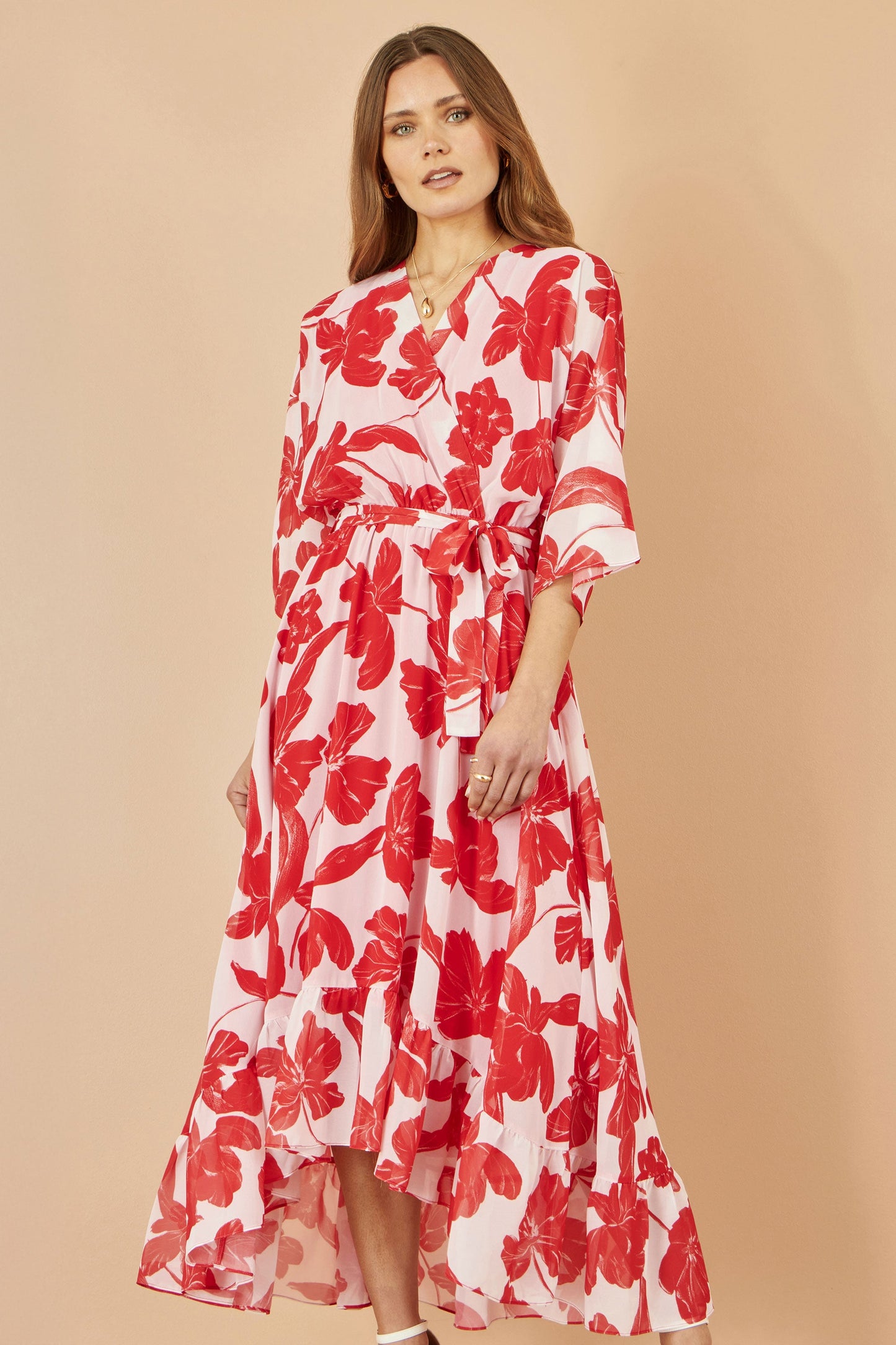 Yumi Red Kimono Sleeves Dip Hem Wrap Midi Dress
