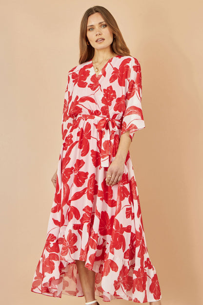 Yumi Red Kimono Sleeves Dip Hem Wrap Midi Dress