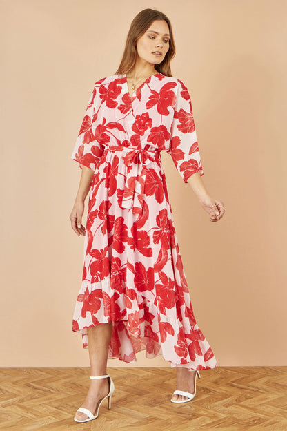 Yumi Red Kimono Sleeves Dip Hem Wrap Midi Dress