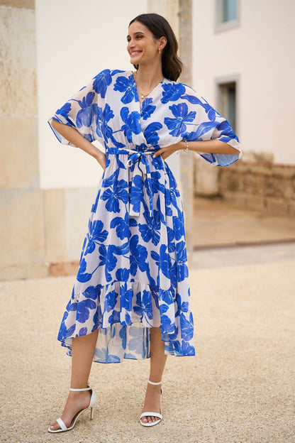 Yumi Navy Kimono Sleeves Midi Dip Hem Wrap Midi Dress