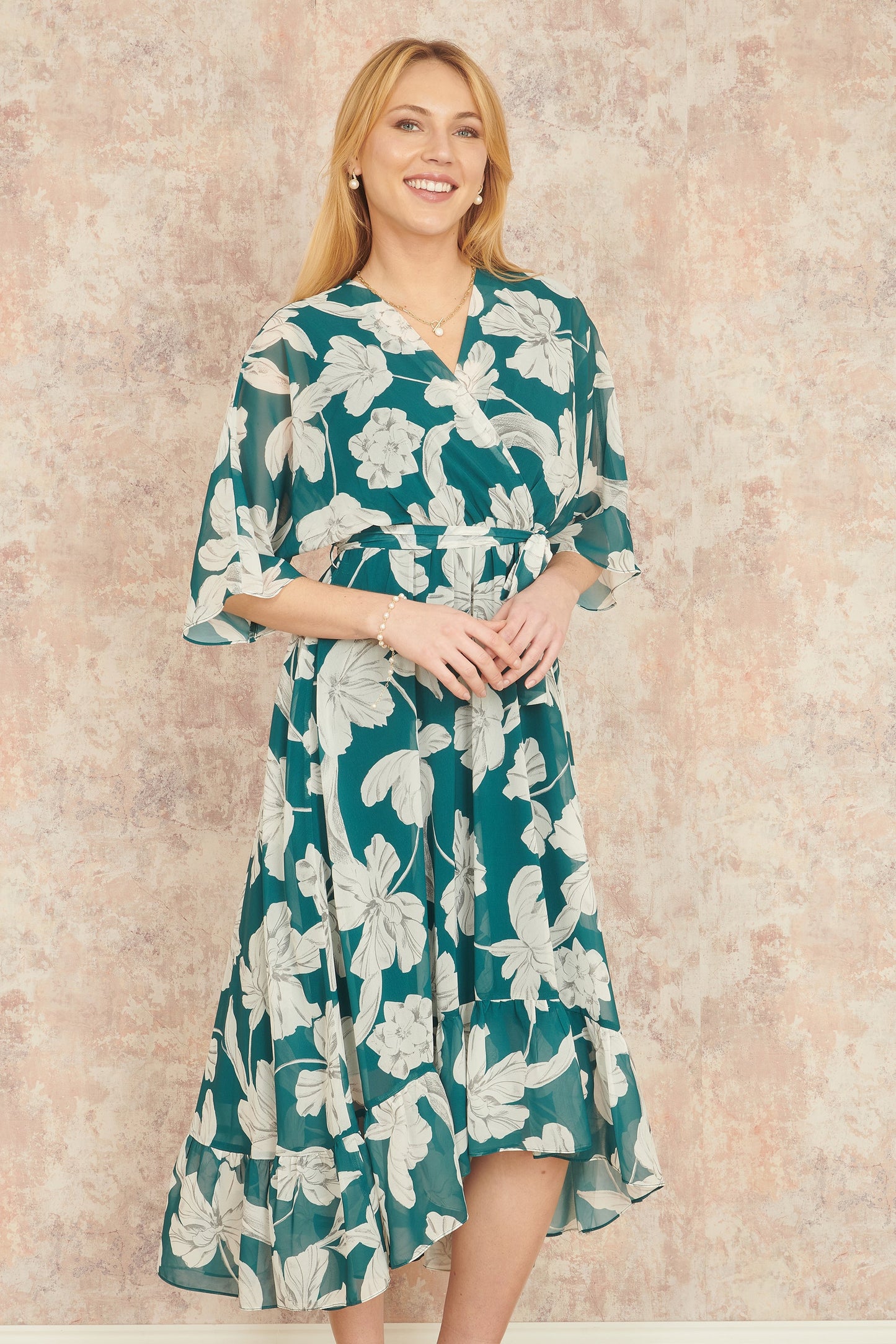 Yumi Green Kimono Sleeves Midi Dip Hem Wrap Midi Dress
