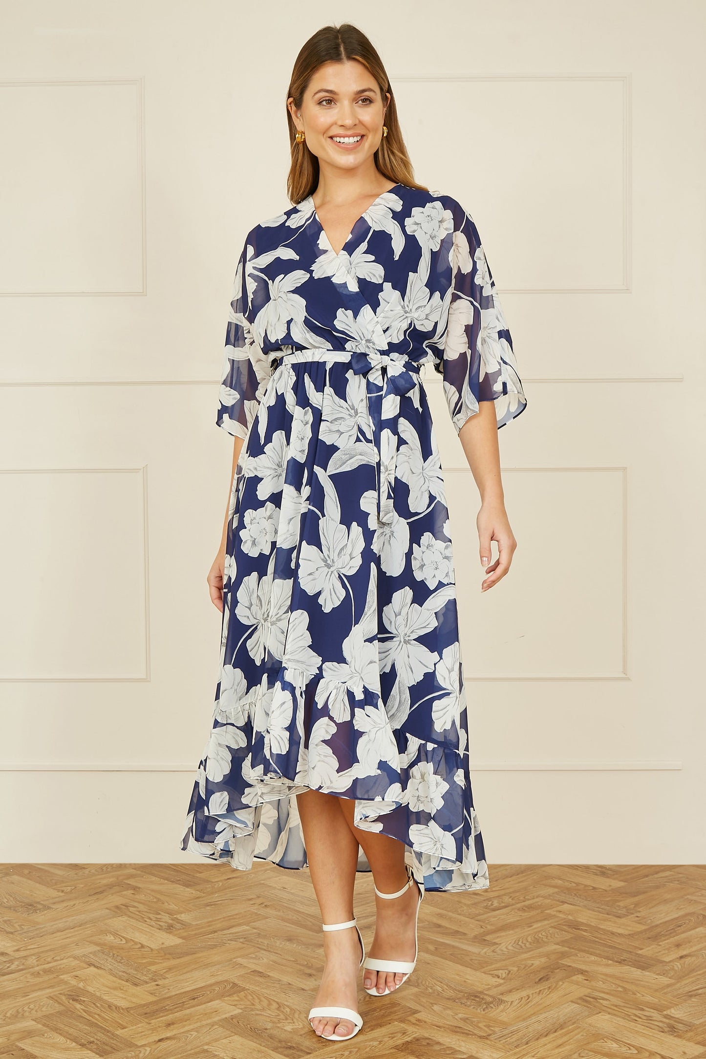 Yumi Navy Mesh Bird And Floral Print Midi Dress With Ruffles