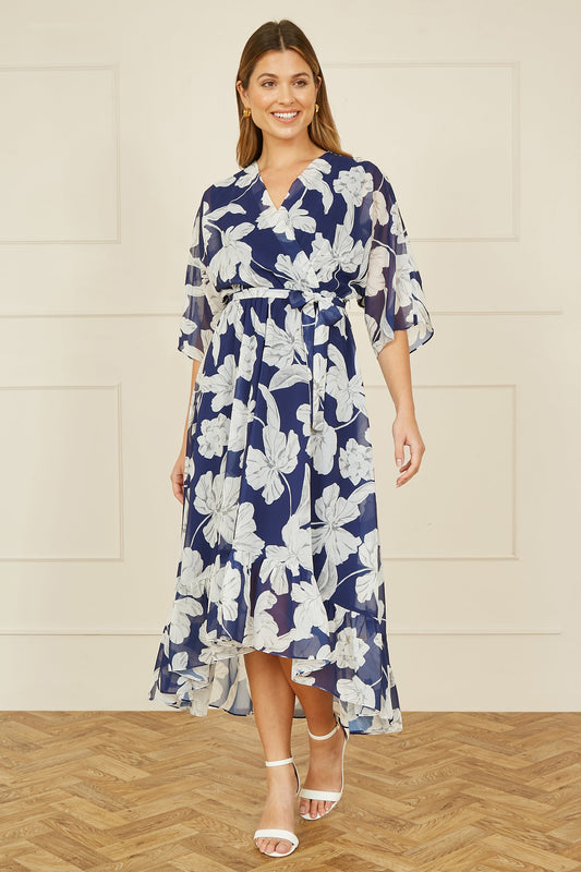 Yumi Navy Mesh Bird And Floral Print Midi Dress With Ruffles
