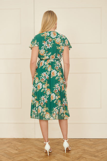 Yumi Green Floral Pleated Wrap Dress