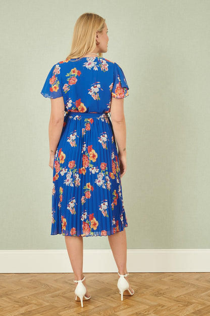 Yumi Blue Floral Pleated Wrap Dress