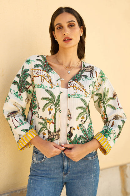 Yumi White Animal Reversible Cotton Quilted Jacket