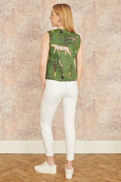 Yumi Green Animal Reversible Cotton Quilted Waistcoat