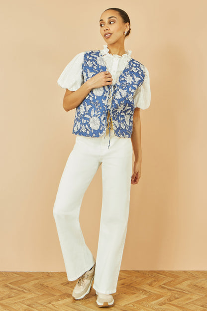 Yumi Blue Floral Reversible Cotton Quilted Waistcoat