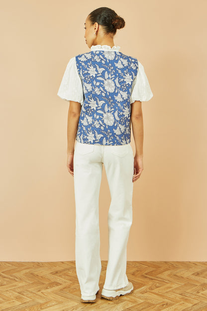 Yumi Blue Floral Reversible Cotton Quilted Waistcoat