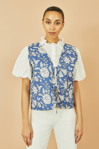 Yumi Blue Floral Reversible Cotton Quilted Waistcoat