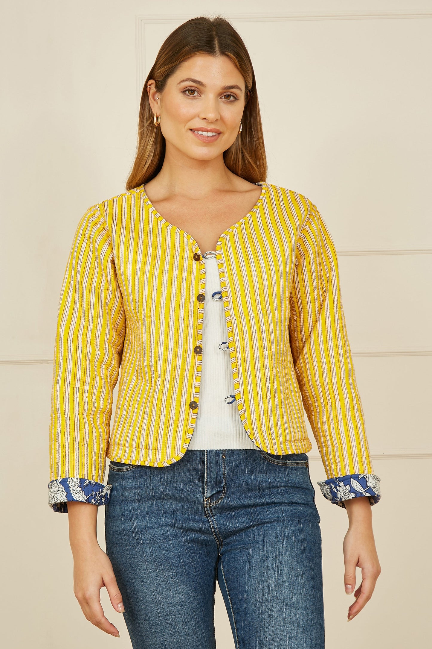 Yumi Blue Floral Reversible Cotton Quilted Jacket