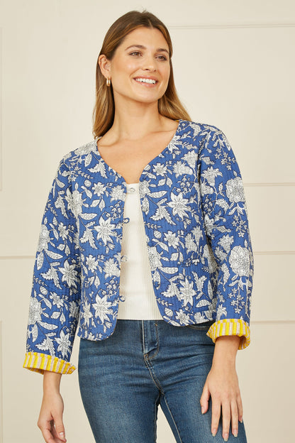 Yumi Blue Floral Reversible Cotton Quilted Jacket