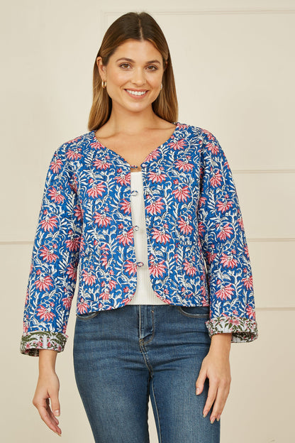 Yumi Blue Floral Reversible Cotton Quilted Jacket